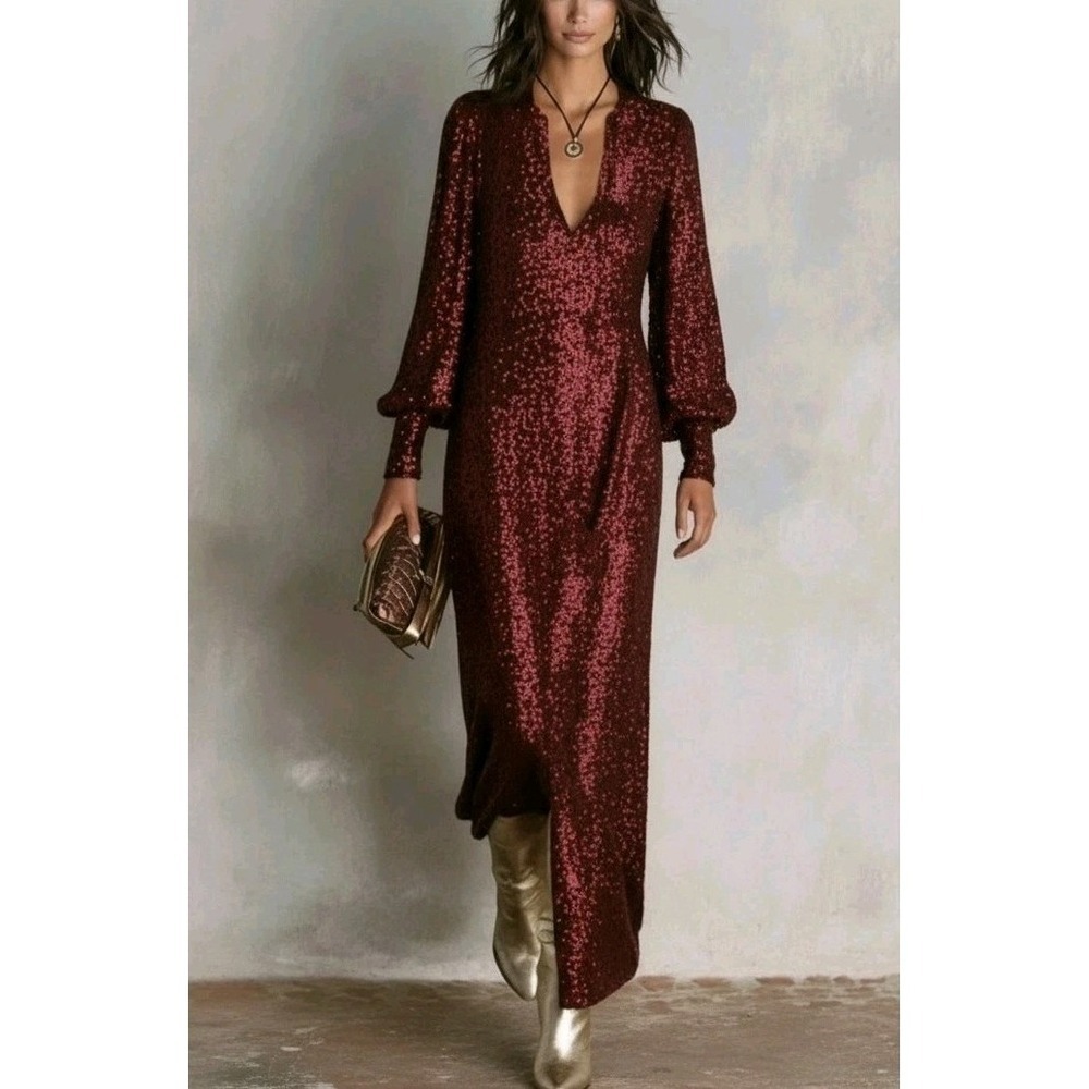 NWT Modesees Size L Maxi Evening Gown Dress Burgundy Full Sequin V Neck Relaxed